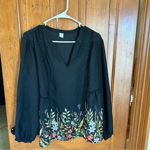 Floral Embroidered Black Blouse